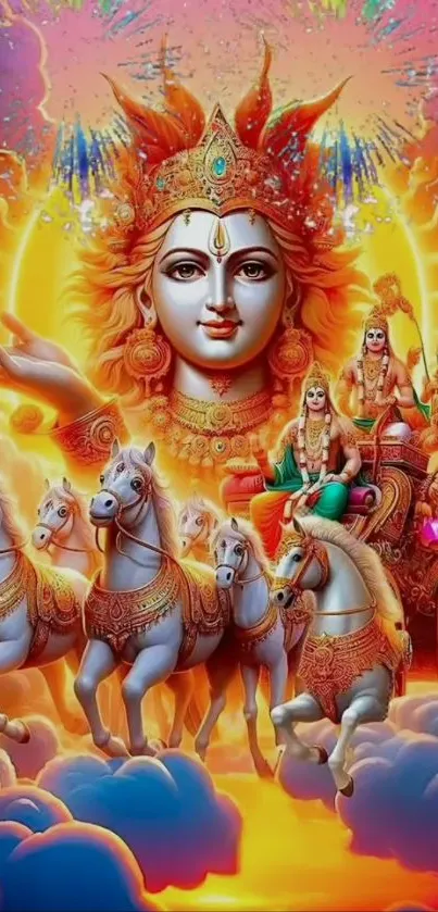 Vibrant deity on chariot with horses in mystical setting.