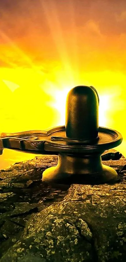 Shiva Lingam in front of a glowing sunset on rocky terrain.