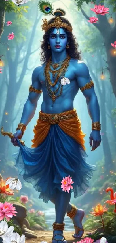 Blue deity in a temple garden with vibrant flowers and forest.