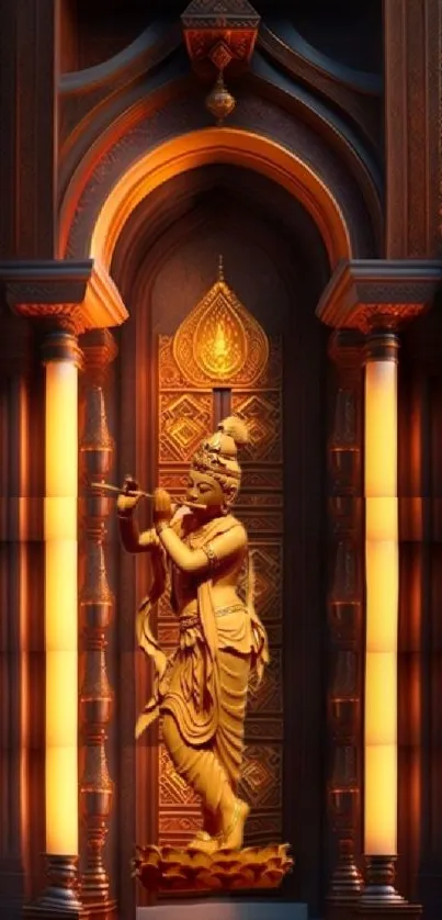 Golden Krishna statue in ornate temple setting.