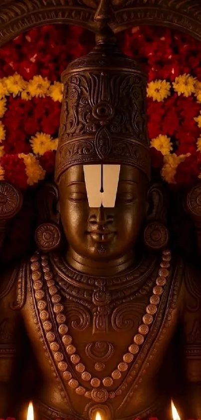 Intricate temple sculpture with floral garlands.