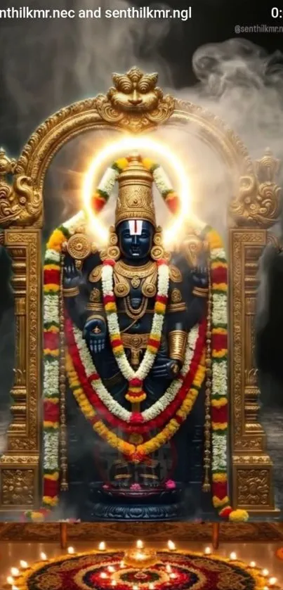 Intricate temple sculpture with garlands and radiant lighting.