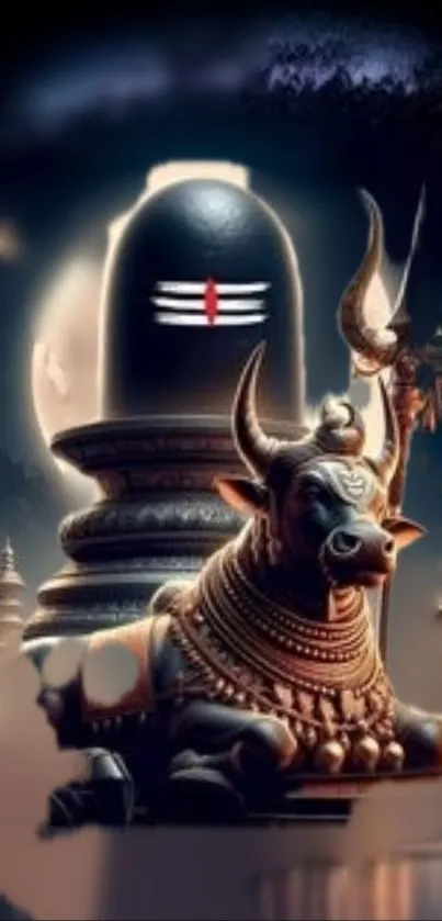 Divine temple sculpture with Nandi and lingam.