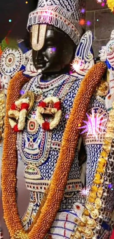 Divine temple statue adorned with garlands and intricate designs.