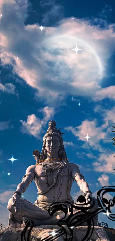 Shiva statue under a moonlit sky with stars and clouds, exuding tranquility.