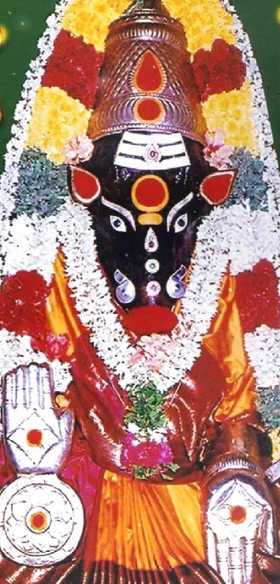 Varahi Devi adorned with flowers and jewelry, set against a green background.