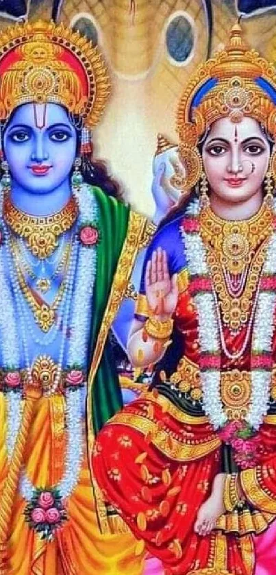 Colorful Vishnu and Lakshmi artwork for mobile wallpaper.