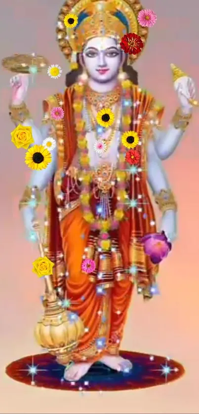 Lord Vishnu wallpaper with orange attire and floral decorations.