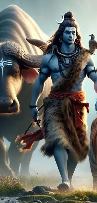 Mobile wallpaper of a divine warrior with animals in nature.