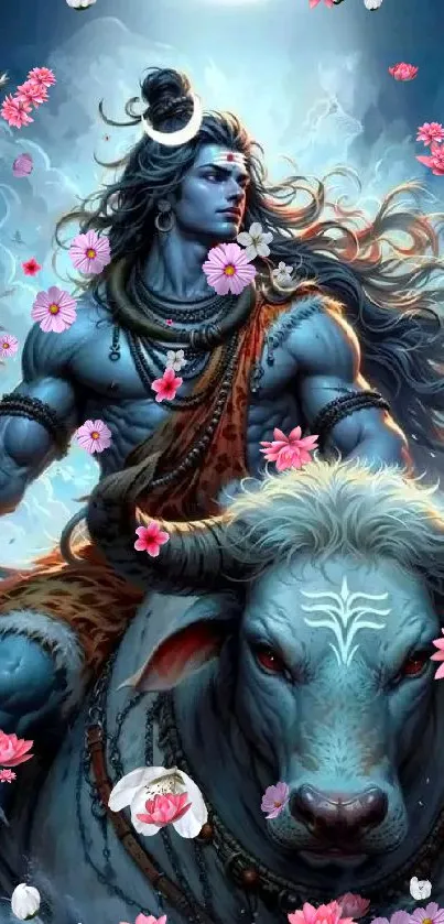 Divine warrior and bull with vibrant flowers in a mystical scene.