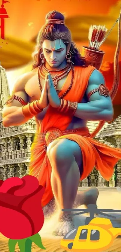 A vibrant artistic wallpaper featuring a divine warrior in front of a temple.