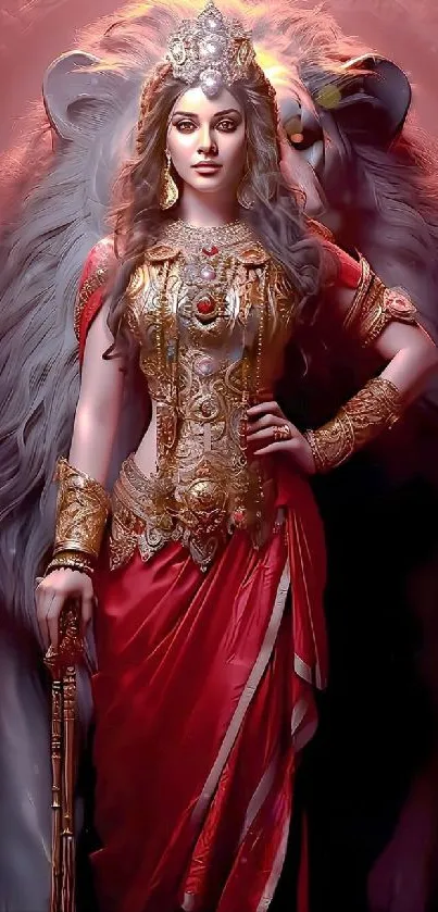 Elegant warrior in golden armor with lion, set against a crimson backdrop.