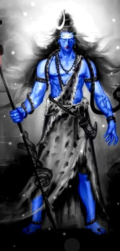 Blue-skinned divine warrior holding a trident, against a mystical background.