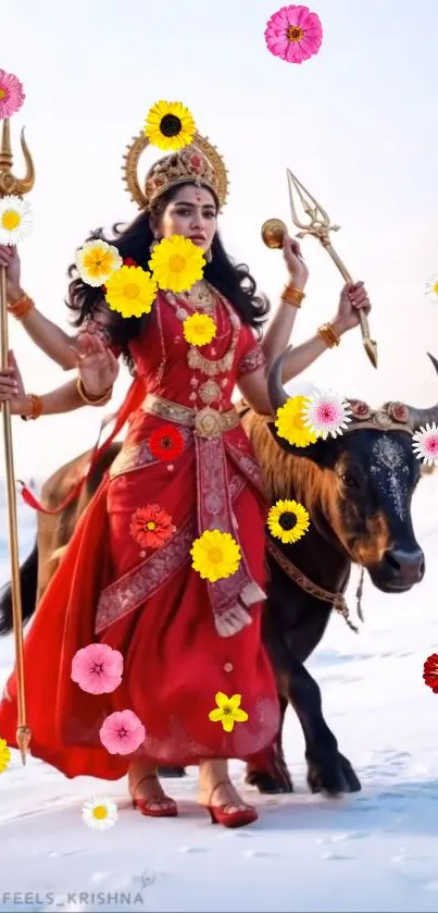 Divine goddess in red with flowers and bull.