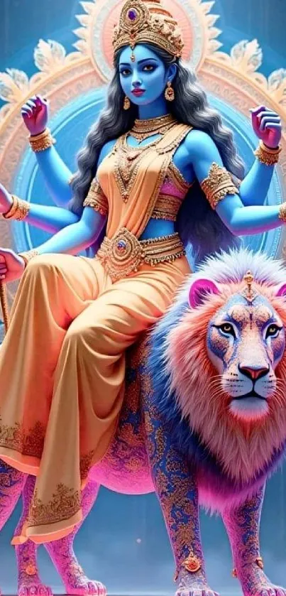 Warrior goddess with lion in vibrant colors.