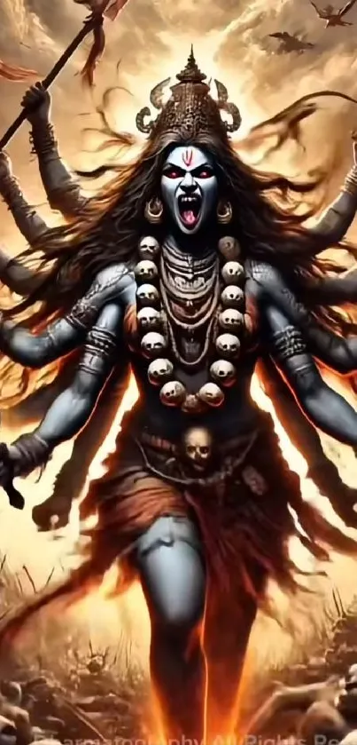 Fierce warrior goddess with multiple arms in vibrant artwork