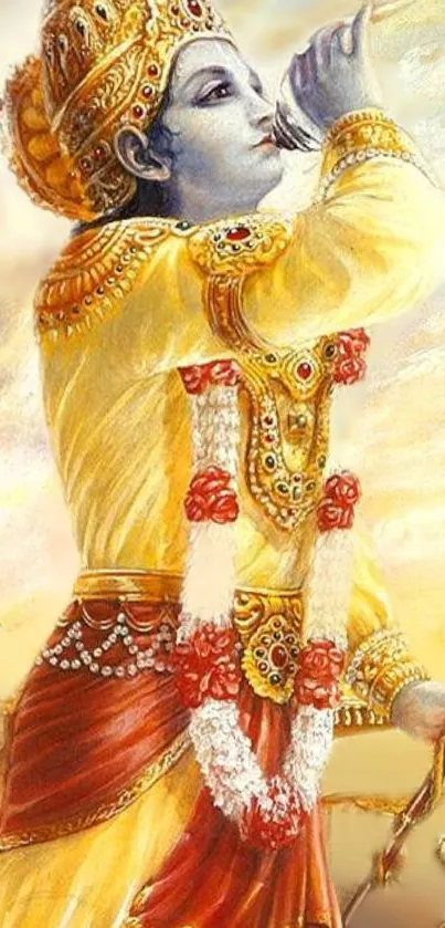 Divine warrior in gold attire with a flute, radiating vibrant elegance.