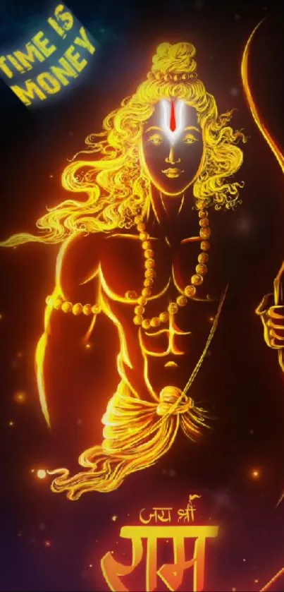 Divine warrior in golden glow with intricate spiritual design, mobile wallpaper.