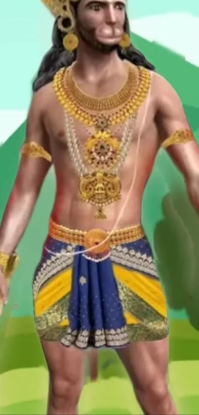 Divine warrior depicted in vibrant colors with intricate designs.