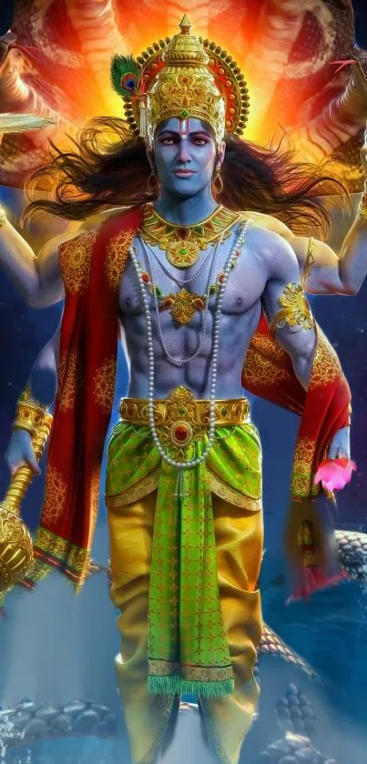 Vibrant divine warrior with multiple arms in vivid colors.