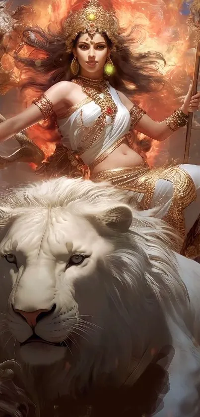 Divine warrior goddess riding a white lion with fiery background.