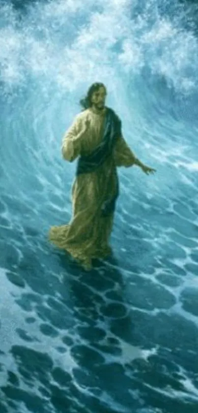 Divine figure walking on waves in blue ocean.