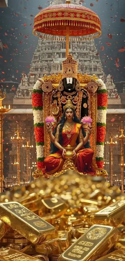 Goddess in temple surrounded by gold bars.