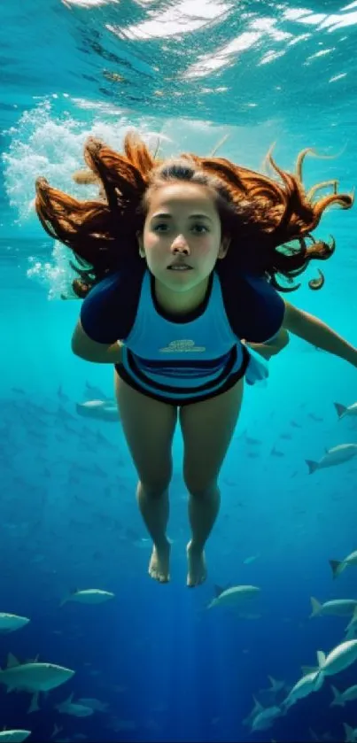 Girl diving underwater surrounded by fish in vibrant blue ocean.