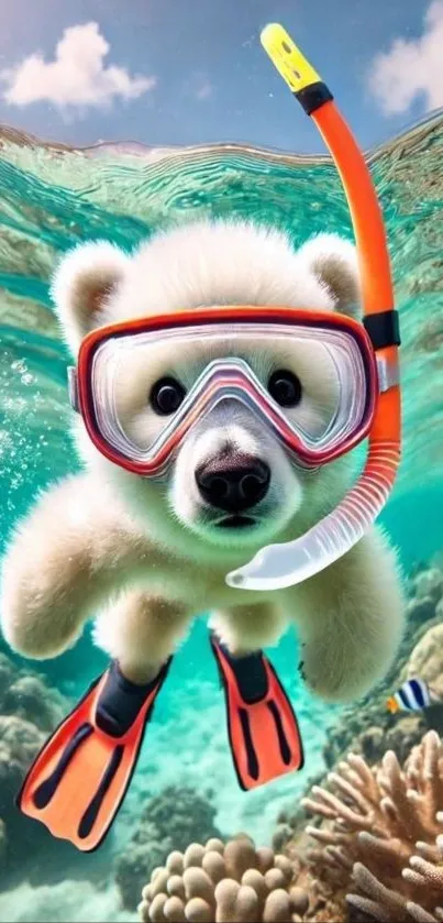 Cute bear snorkeling underwater with coral.