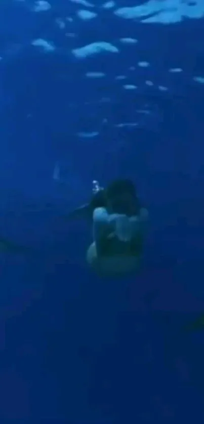 Person swimming with dolphins in deep blue ocean.