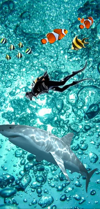 Diver among fish and shark with blue bubbles in ocean scene.