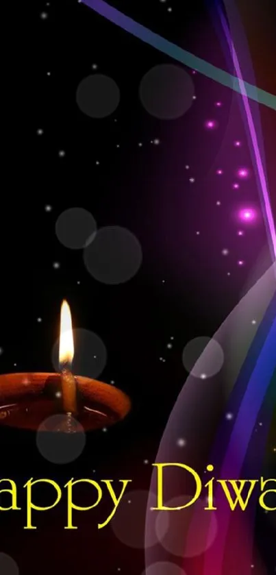 Diwali wallpaper with a candle and colorful sparkles.