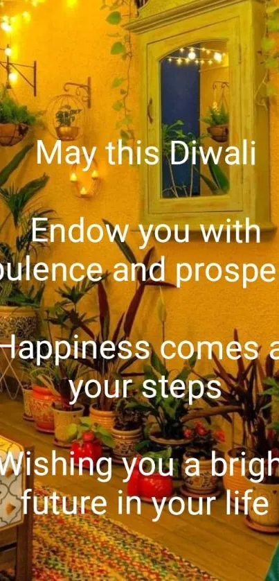 Cozy indoor space with Diwali lights and plants, conveying prosperity wishes.