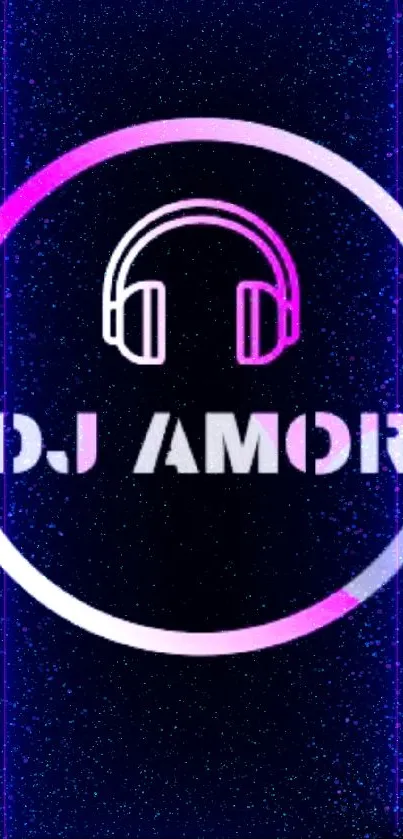 Neon DJ Amor circle with headphones on black.