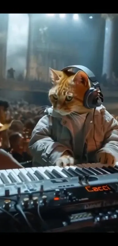 A playful DJ cat performing at a lively concert on a keyboard.