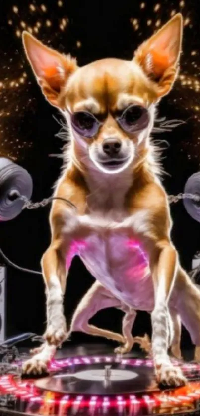 DJ dog with speakers and vibrant lights.