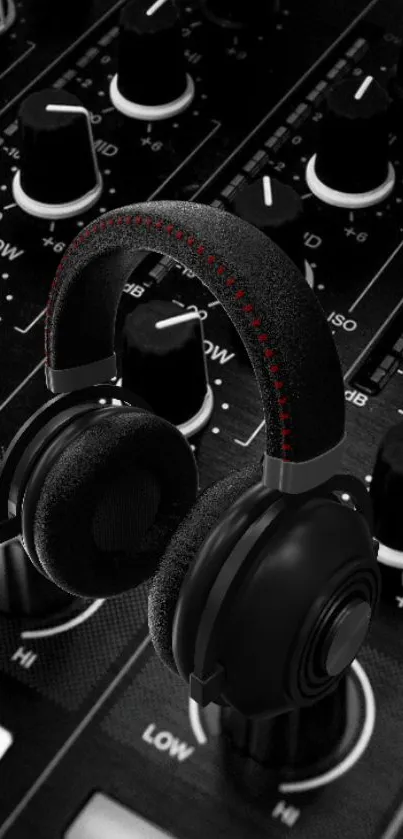 Black headphones on a DJ mixer, creating a sleek and professional music aesthetic.