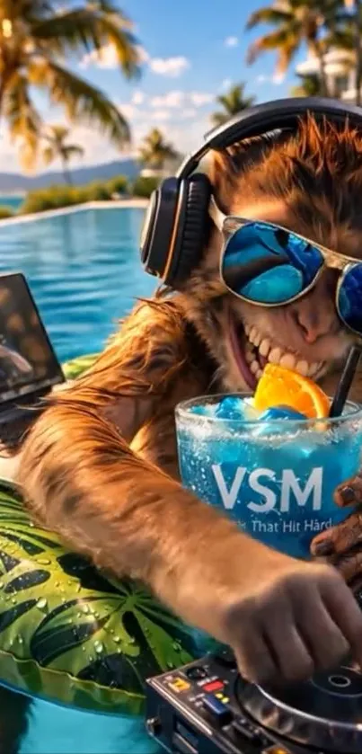 Monkey DJ with headphones by a tropical pool.