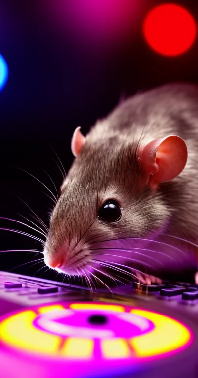 Cute DJ mouse on a turntable under neon lights.