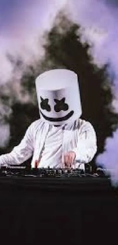 DJ in white shirt and helmet performing surrounded by dark fog.