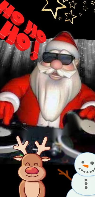 DJ Santa with snowman and reindeer on holiday-themed mobile wallpaper.