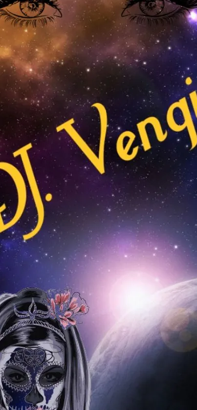 DJ Vengi space-themed mobile wallpaper with vibrant cosmic design.