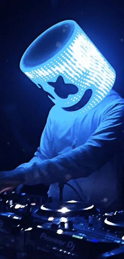 DJ in neon helmet, spinning tracks with bright, glowing visuals.