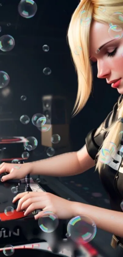 Blonde DJ mixing music with bubbles floating around, vibrant and lively.