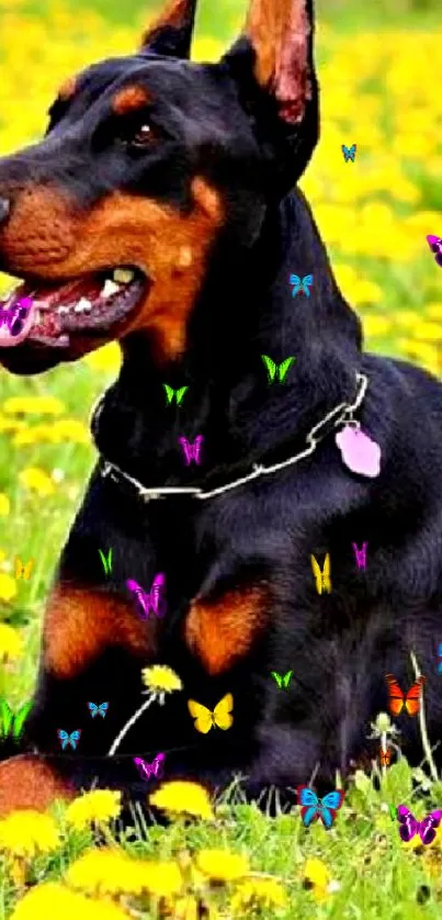 Doberman lying in a field of yellow flowers on a sunny day.