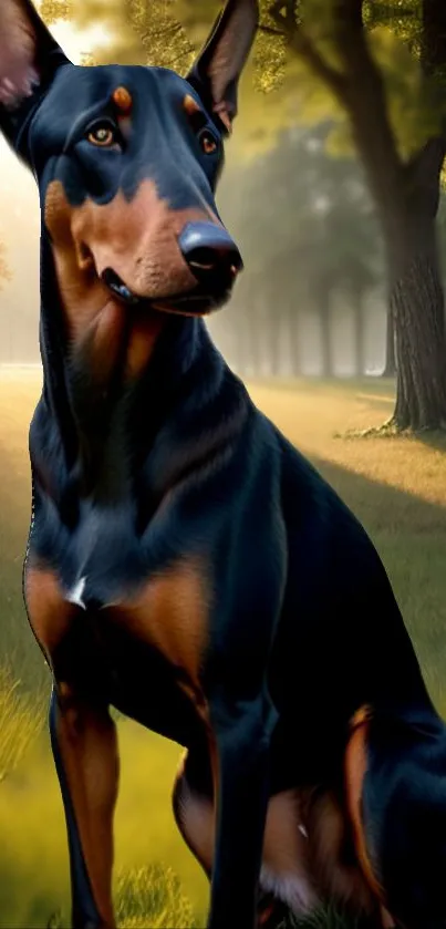 Doberman Pinscher in a serene forest with sunlight filtering through trees.