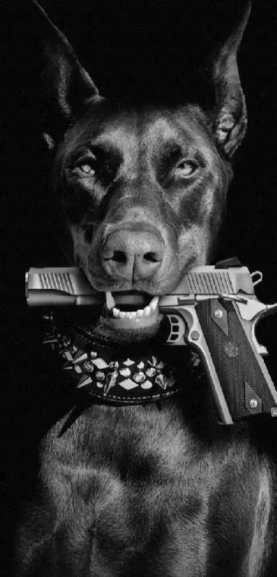 Black Doberman with gun and spiked collar, wallpaper design.