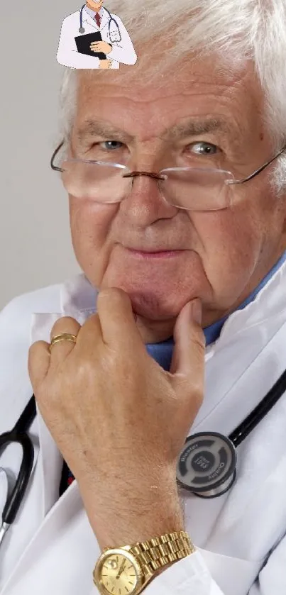 Thoughtful doctor posing with stethoscope in white coat wallpaper.