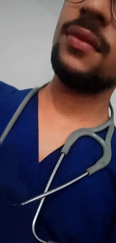 Doctor in blue scrubs with stethoscope mobile wallpaper.