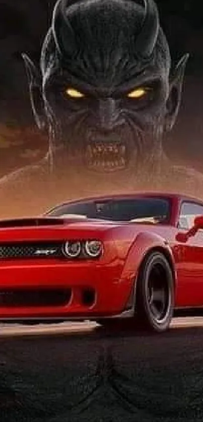 Red Dodge Demon car with a mystical background.